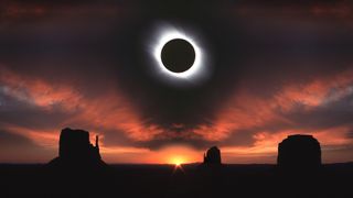 Eclipsa totală de soare și Monument Valley la răsărit,