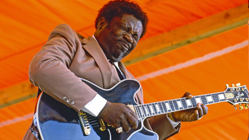 American singer, songwriter and guitarist B.B. King (1925-2015) performs live on stage playing a Gibson ES-355 guitar named Lucille at the New Orleans Jazz &amp; Heritage Festival in New Orleans, Louisiana on 9 May 1982. 