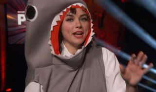 Frankie Ward wearing a shark costume at the 2019 PC Gaming Show.