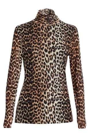 Long-Sleeve Leopard Mesh Turtleneck