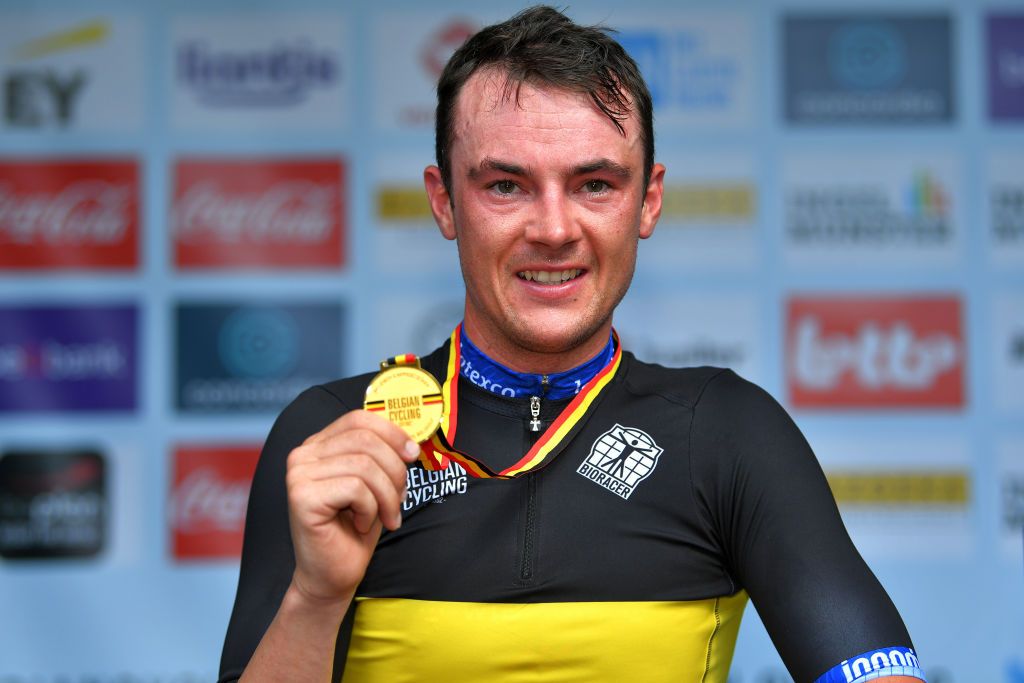 INGELMUNSTER BELGIUM JUNE 16 Yves Lampaert of Belgium Gold Medal Belgian Champion Jersey celebrates at podium during the 122th Belgian Road Championship 2021 Mens Individual Time Trial a 376km race from Ingelmunster to Ingelmunster ITT bkingelmunster belgiancycling on June 16 2021 in Ingelmunster Belgium Photo by Luc ClaessenGetty Images