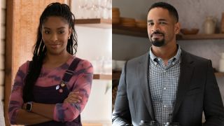 From left to right: Jessica Williams smiling with her arms crossed as Gaby and Damon Wayans Jr. smiling while holding coffees in Shrinking. 