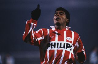 Romario celebrates a goal for PSV in 1992.