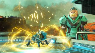 A robot crackles with yellow lightning in No Man's Sky: Xeno Arena