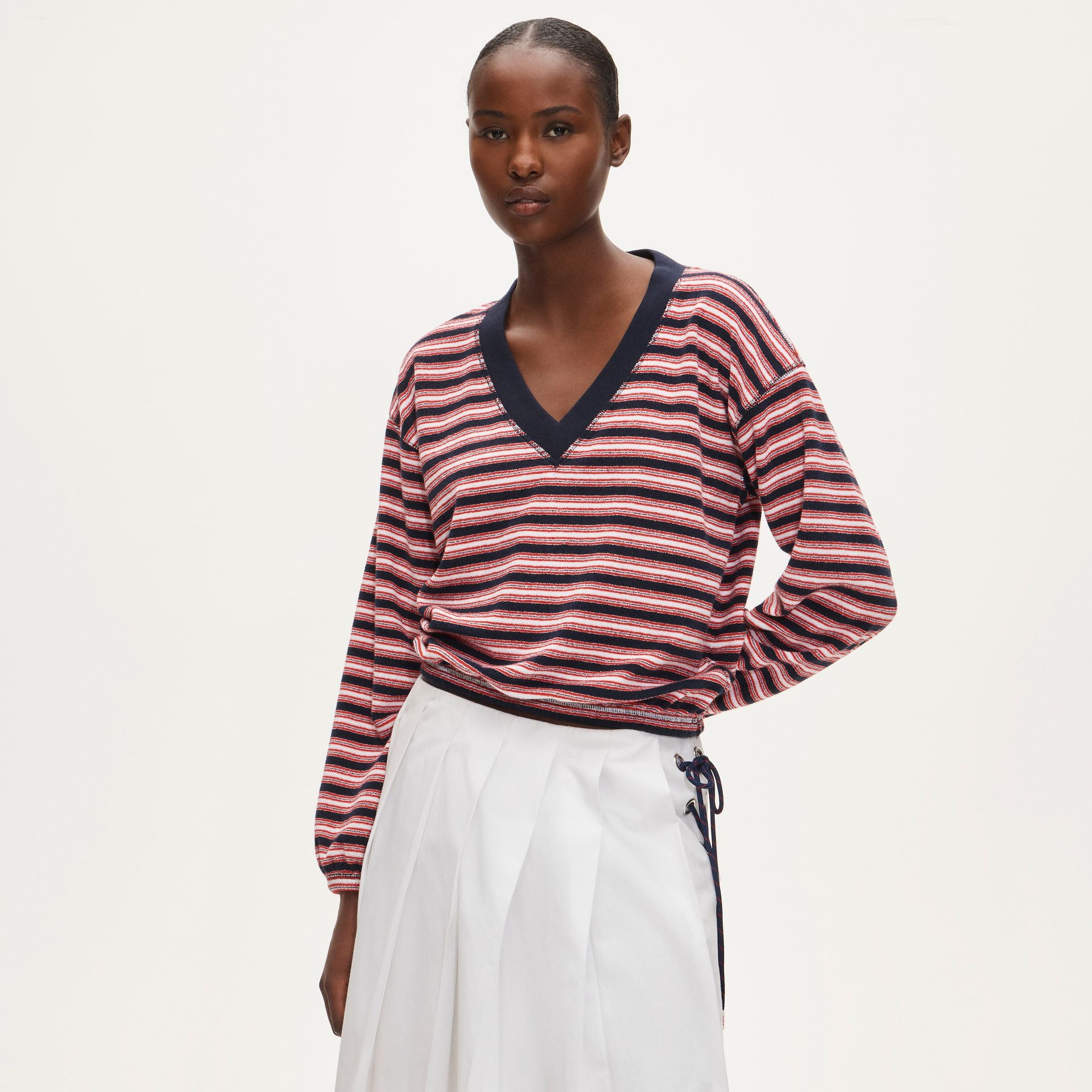 Towel Terry V-Neck Sweatshirt in Stripe