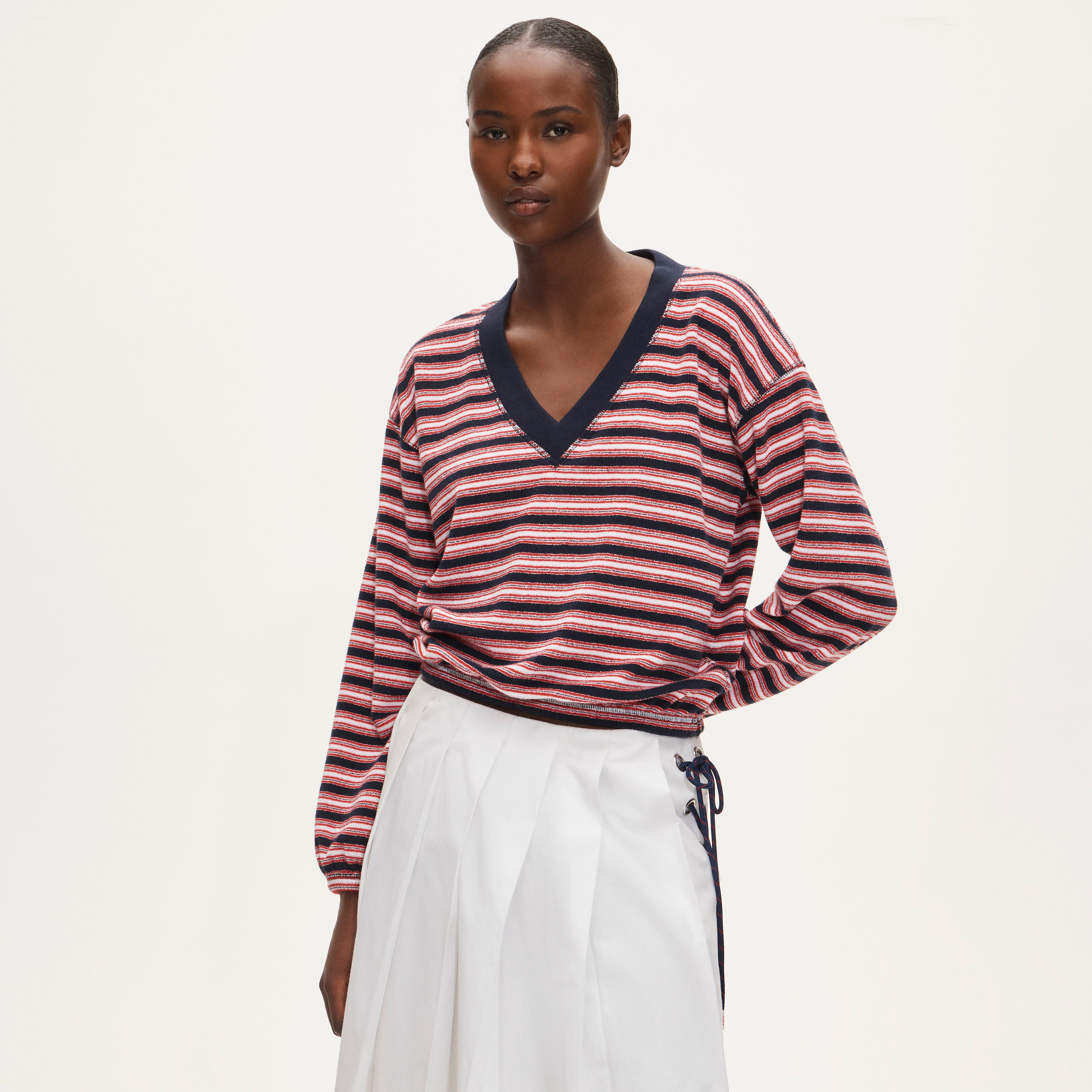 Towel Terry V-Neck Sweatshirt in Stripe