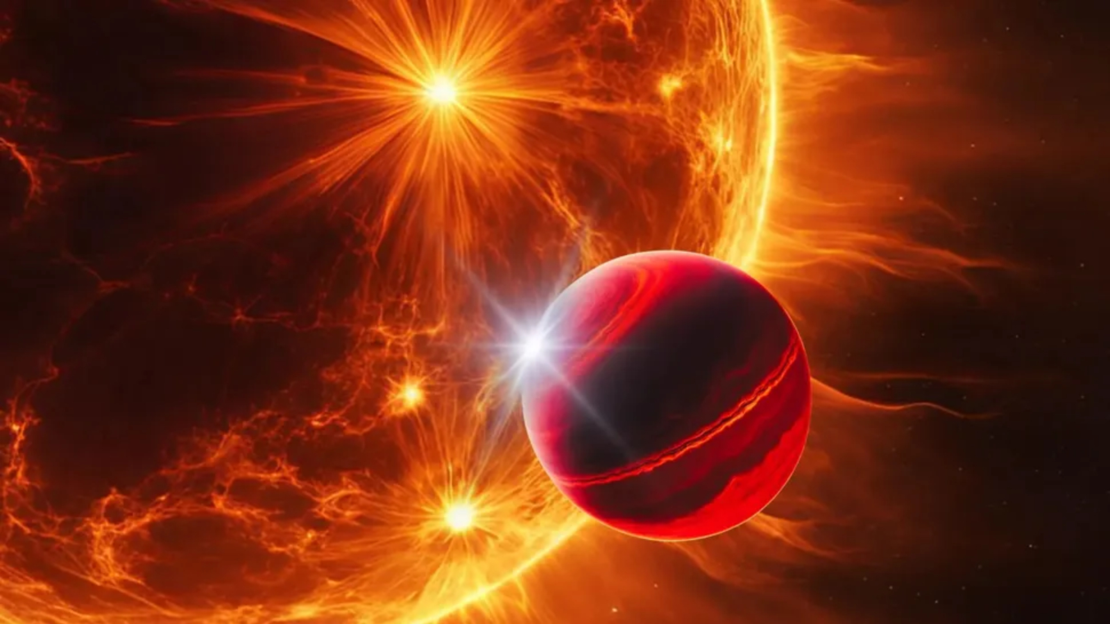 An artist's illustration of what WASP-121b might look like next to its home star
