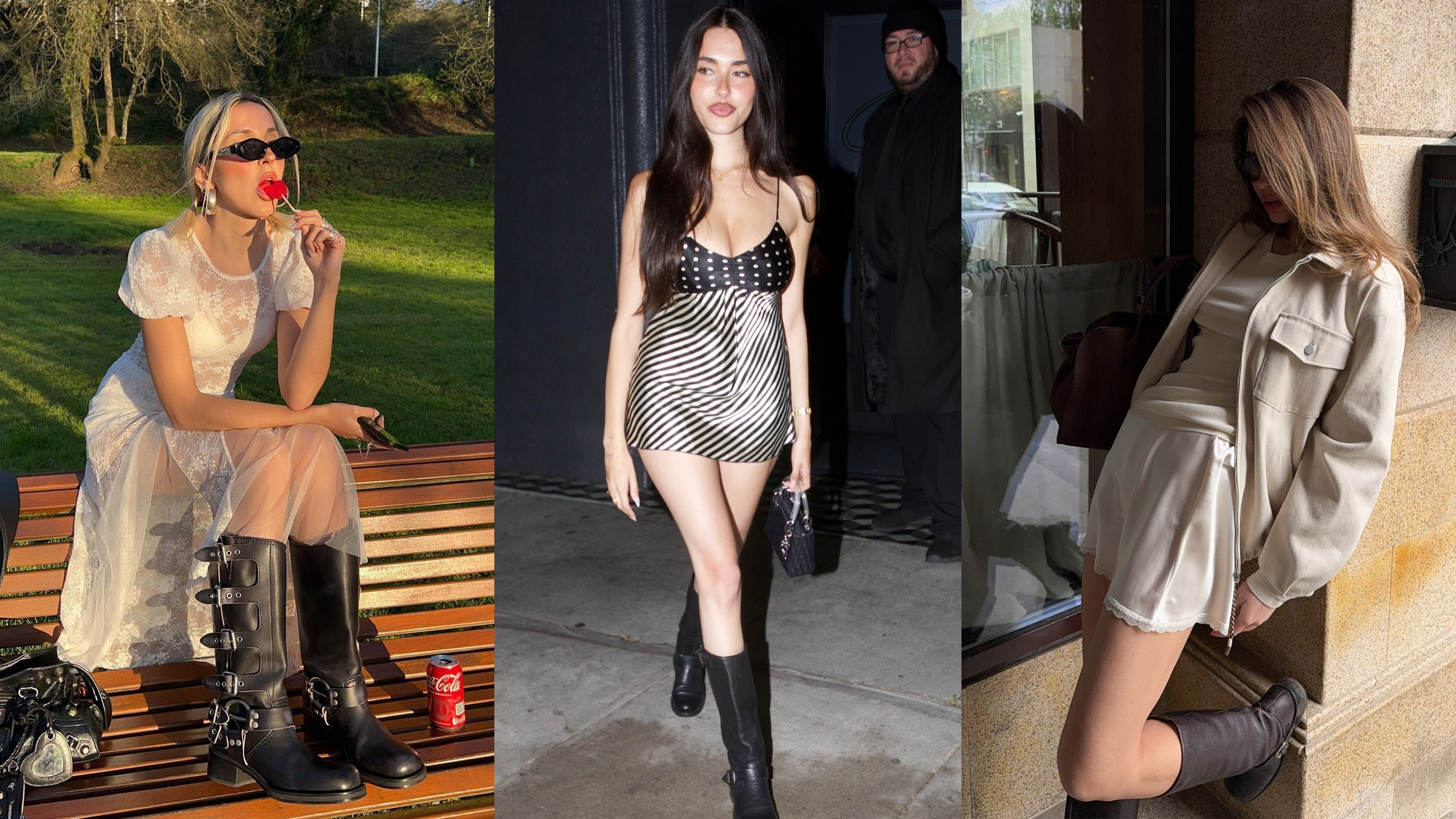 A collage of women wearing moto boots with skirts and dresses.