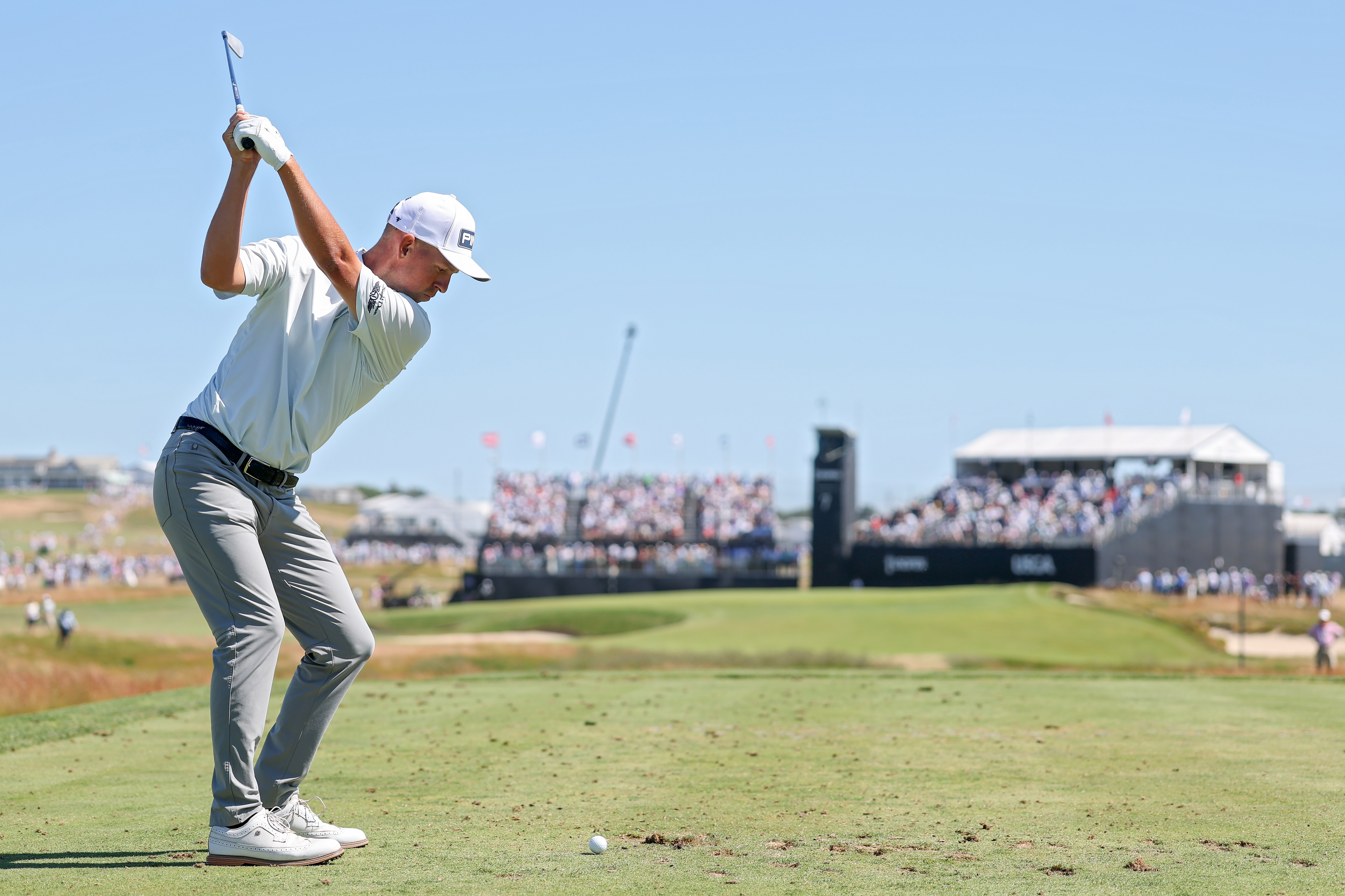 Sam Stevens plays a shot from the seventh tee during the final round of the 126th US Open at Shinnecock Hills Golf Club