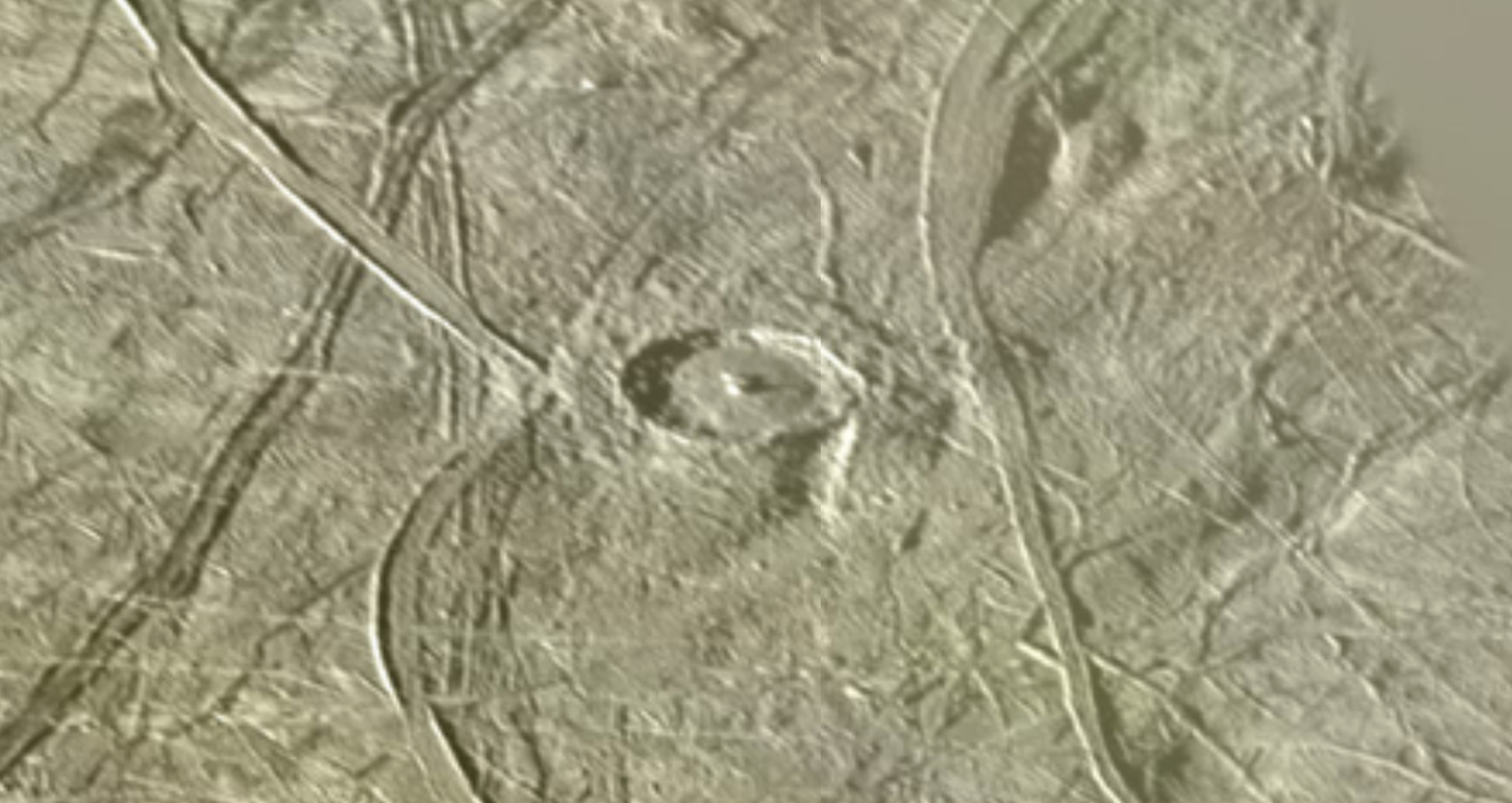 A screenshot from Europa Trek showing the Maeve crater.