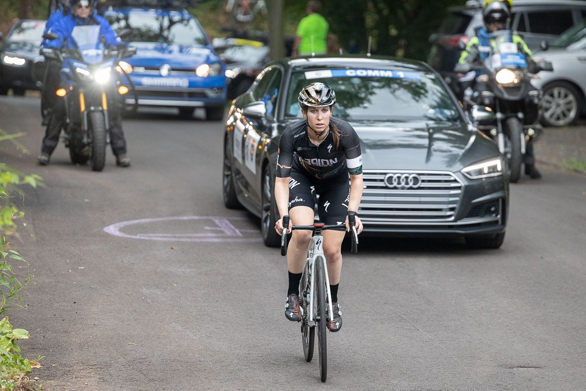 Kendall Ryan (L39ION of Los Angeles) who won Friday night's criterium National Championship fell off the lead group on Sherrod Rd early in the race.