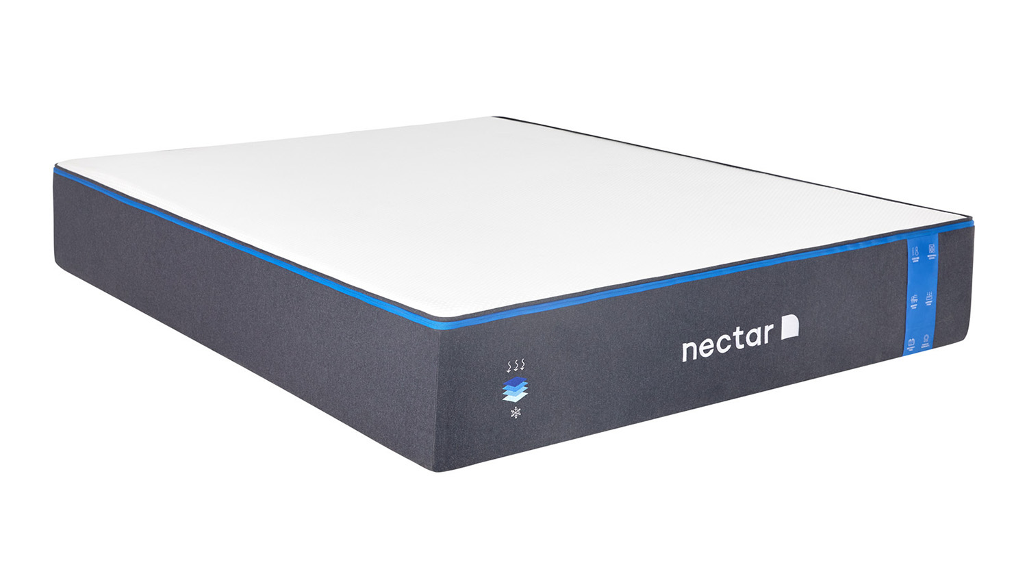 The Nectar Memory Foam shown at an angle so you can see the white cover and Nectar logo on the deep blue base