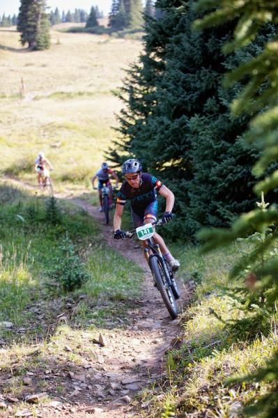 Nick Truitt (Yeti Pactimo Pro XC), Blake Harlan (Team Jamis), and Bryan Alders (Marin Factory) descend Gold Dust trail.