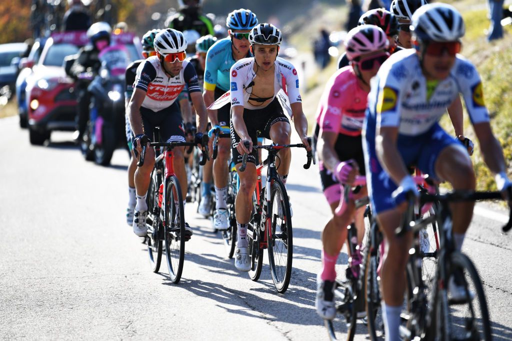 MADONNA DI CAMPIGLIO ITALY OCTOBER 21 Vincenzo Nibali of Italy and Team Trek Segafredo Jai Hindley of Australia and Team Sunweb White Best Young Rider Jersey during the 103rd Giro dItalia 2020 Stage 17 a 203km stage from Bassano del Grappa to Madonna di Campiglio 1514m girodiitalia Giro on October 21 2020 in Madonna di Campiglio Italy Photo by Tim de WaeleGetty Images