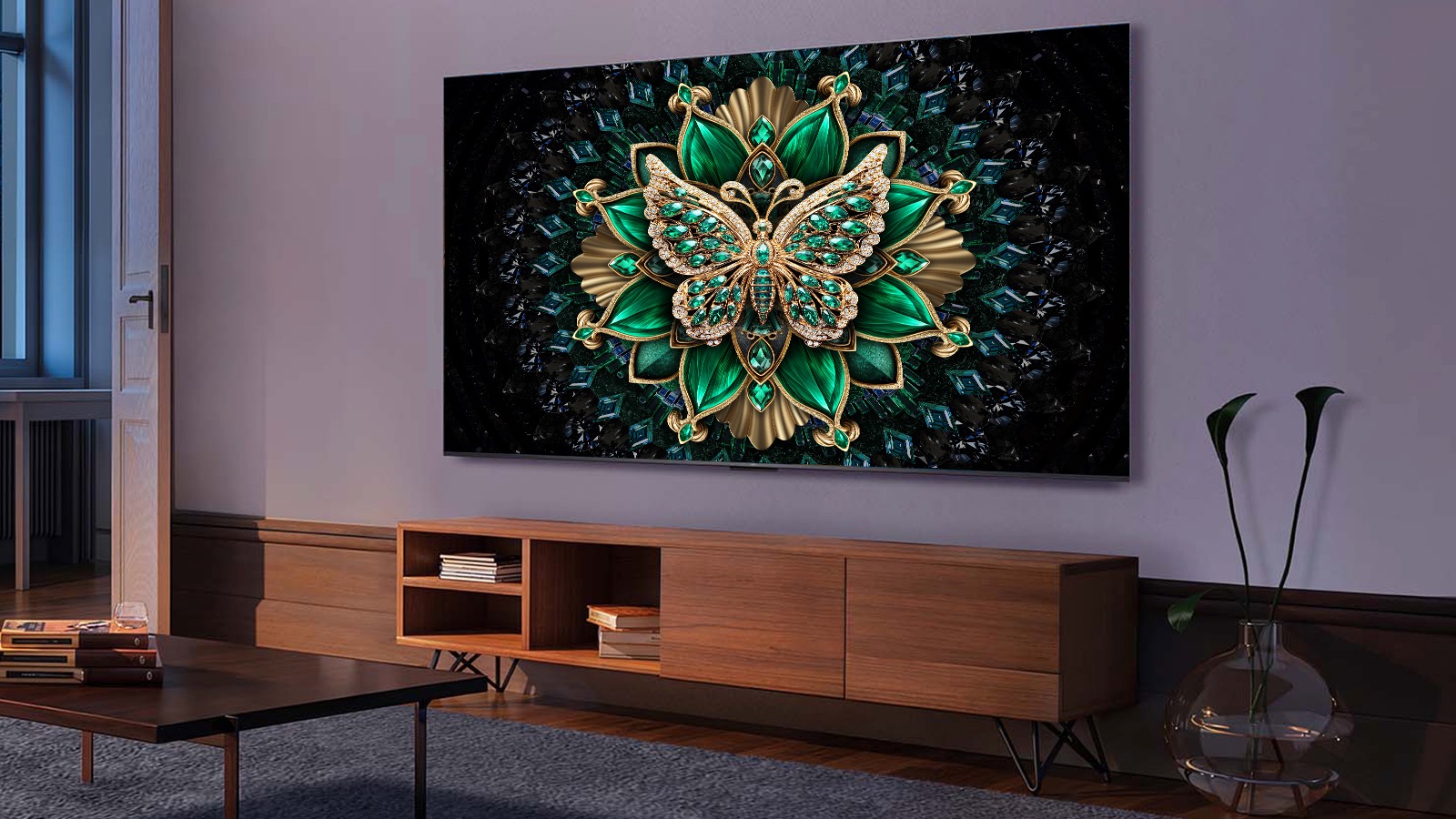 A TCL C6K TV wall-mounted in a modern lounge.