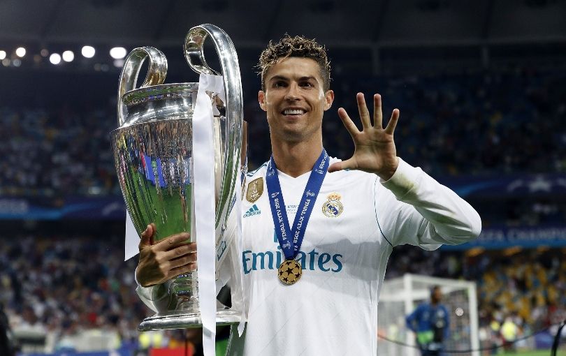 Cristiano Ronaldo celebrating with the Champions League trophy after the 2018 final