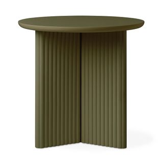 A green side table with wood veneer