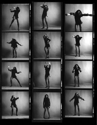 Contact sheet of full-length studio portraits of American rock singer Tina Turner, dressed in a dark crocheted mini-dress, in various poses, New York, New York, November 25, 1969.