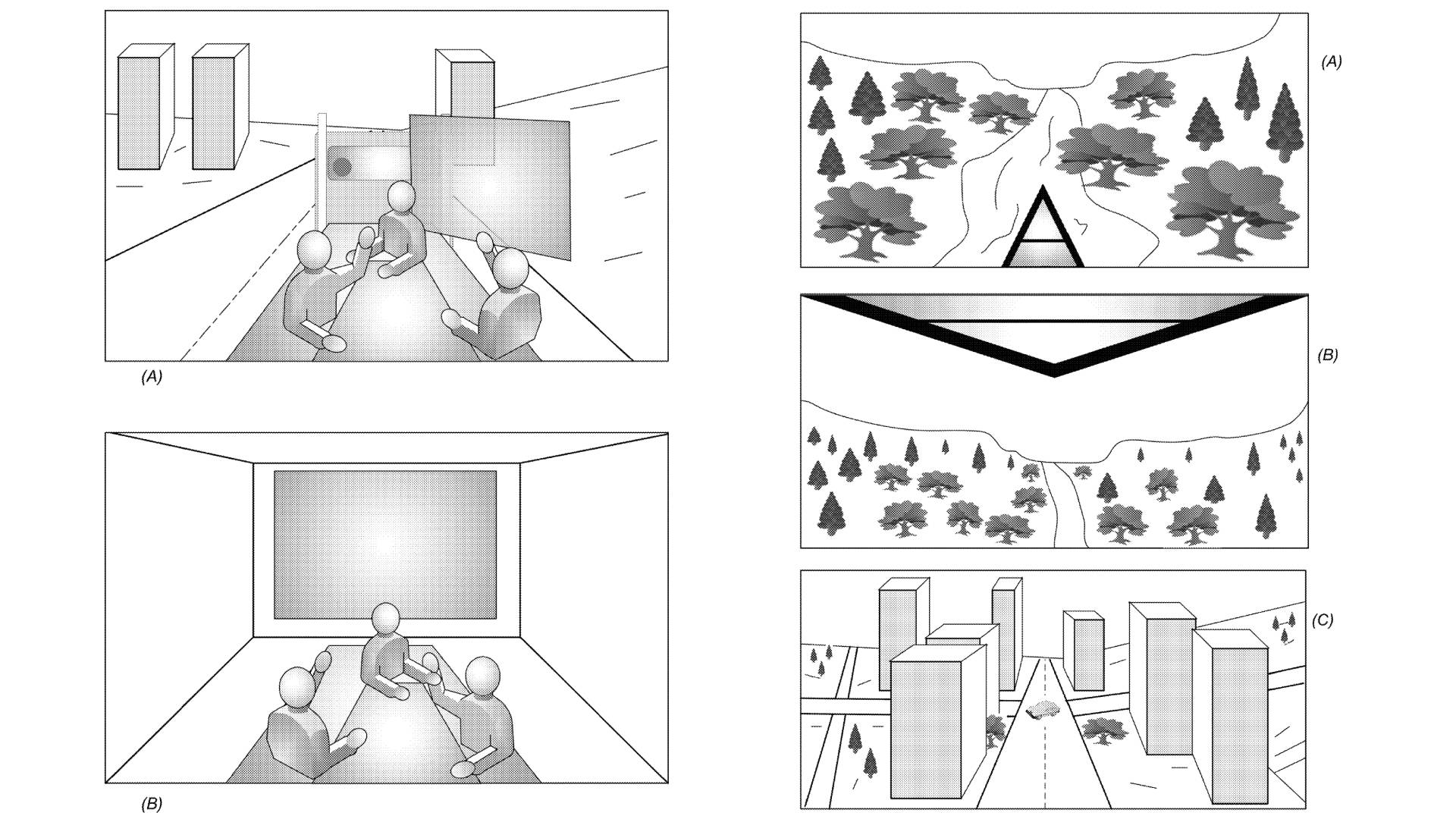 Figures from the Apple Patent showing a meeting in a truck and a serene boat ride