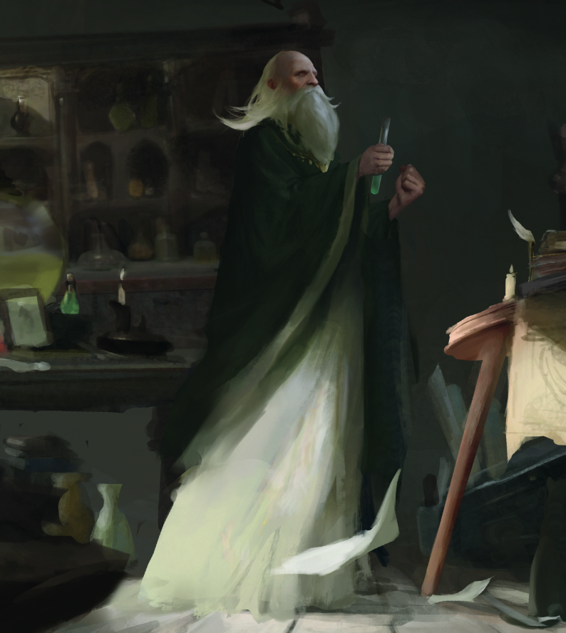 Striking fantasy scene; a wizard