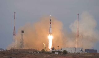 A Russian Soyuz MS-02 rocket launches toward the International Space Station from Baikonur Cosmodrome, Kazakhstan, on Oct. 19, 2016.