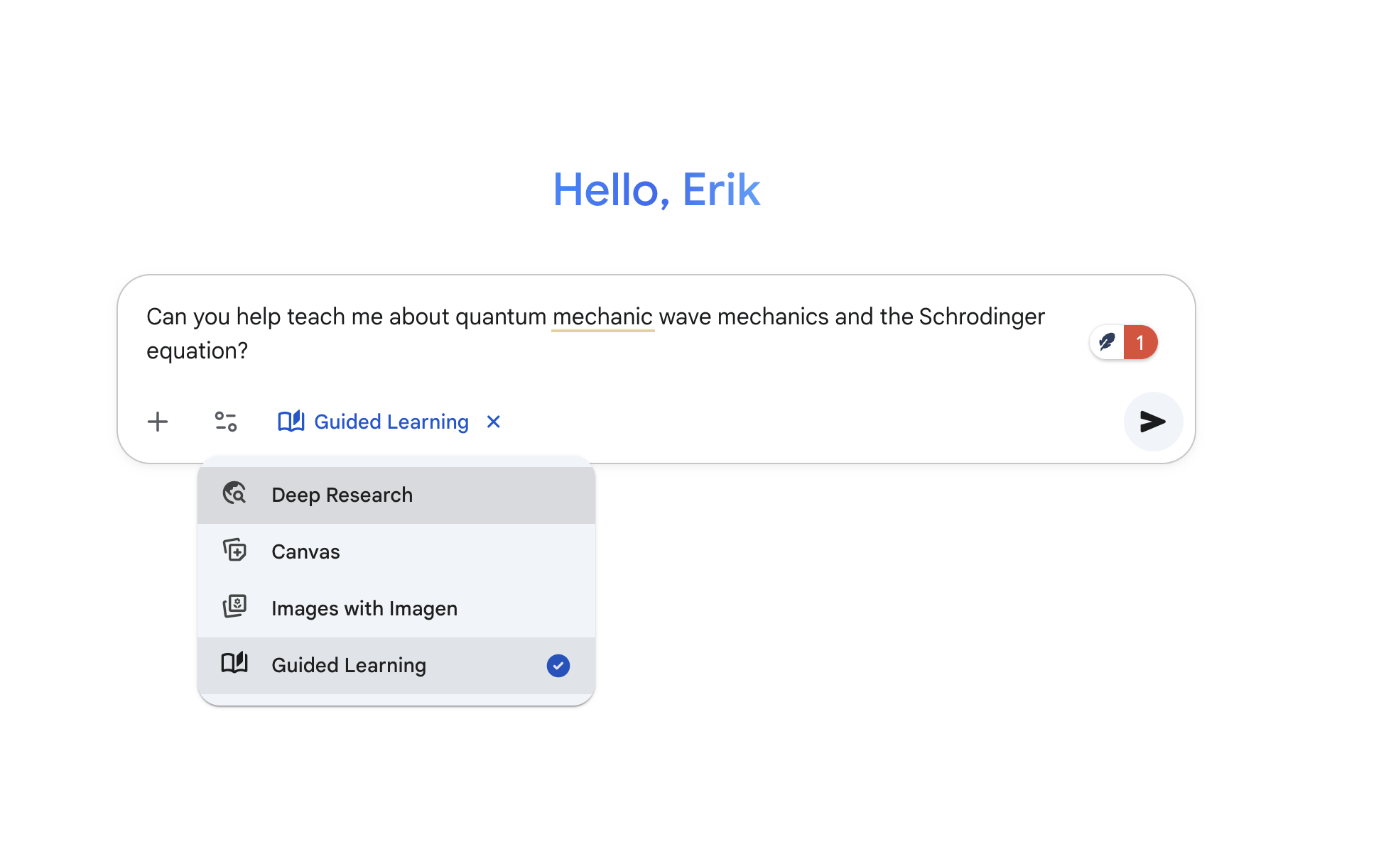 A screenshot of an interaction with Google Gemini in guided learning mode.