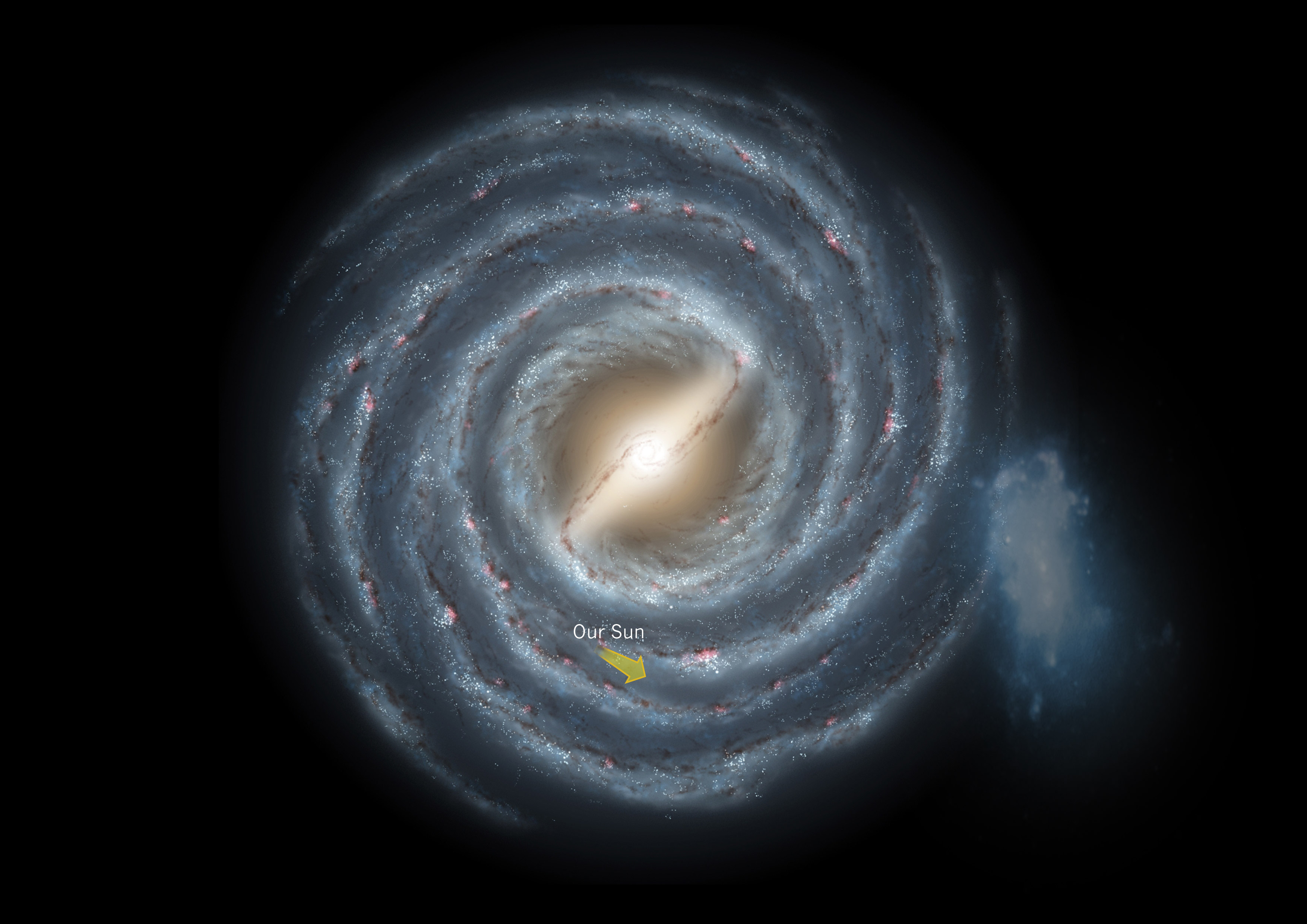 NGC 4449B, illustrated here to scale as a ghostly companion to our Milky Way, would stretch from the center of the Milky Way to the sun's position, if placed in our galaxy. This is an artist's conception; NGC 4449B lies some 13 million light years distant from our galaxy.