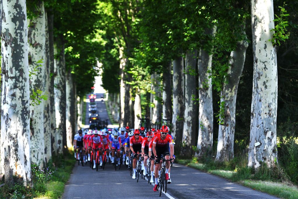 BOURGENBRESSE FRANCE JULY 29 A general view of the peloton during the 33rd Tour de lAin 2021 Stage 1 a 1391km stage from Parc des Oiseaux to BourgenBresse 237m tourdelain on July 29 2021 in BourgenBresse France Photo by Luc ClaessenGetty Images