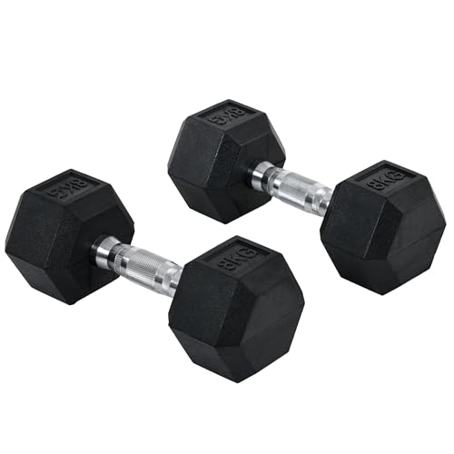 Homcom 2x8kg Rubber Hex Dumbbell Set Anti-Rolling Free Weights Dumbbells