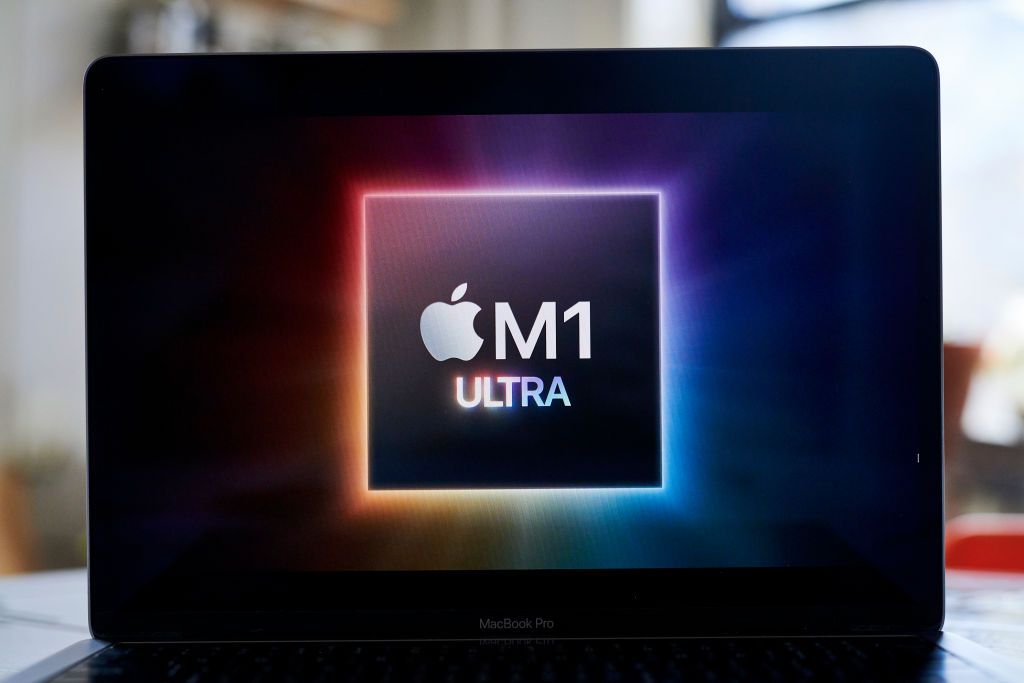 Apple M1 Ultra CPU logo on a laptop display