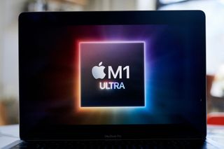 Apple M1 Ultra CPU logo on a laptop display