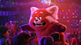 Mei as a giant red panda partying in Turning Red 