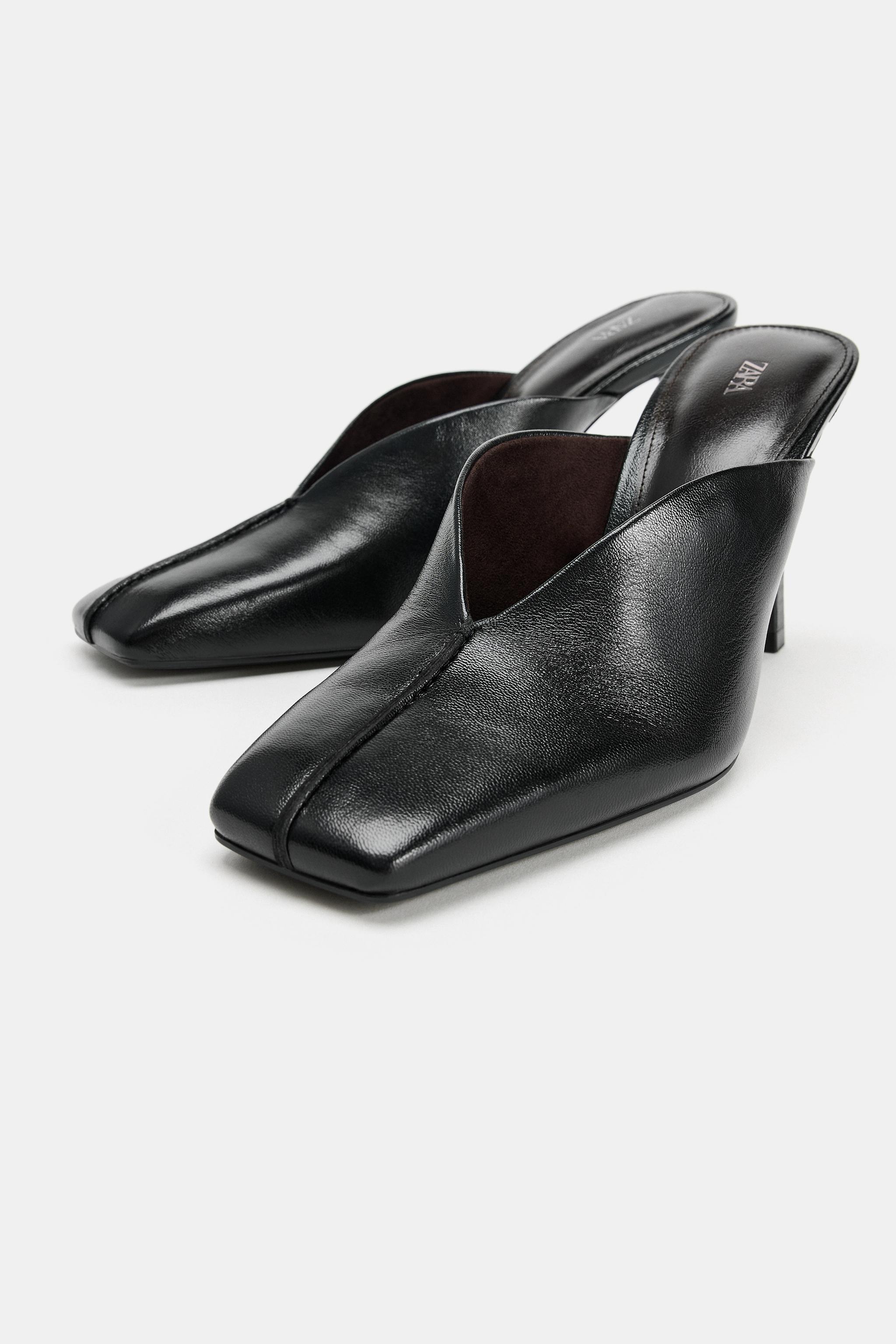 Leather Heeled Mules - Black - 6