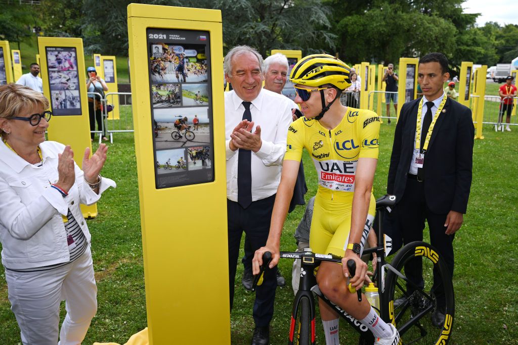 PAU FRANCE JULY 13 Tadej Pogacar of Slovenia and UAE Team Emirates Yellow Leader Jersey in the openair museum that pays tribute to the champions of the Tour de France prior to the 111th Tour de France 2024 Stage 14 a 1519km stage from Pau to SaintLarySoulan Pla dAdet 1653m UCIWT on July 13 2024 in Pau France Photo by Dario BelingheriGetty Images