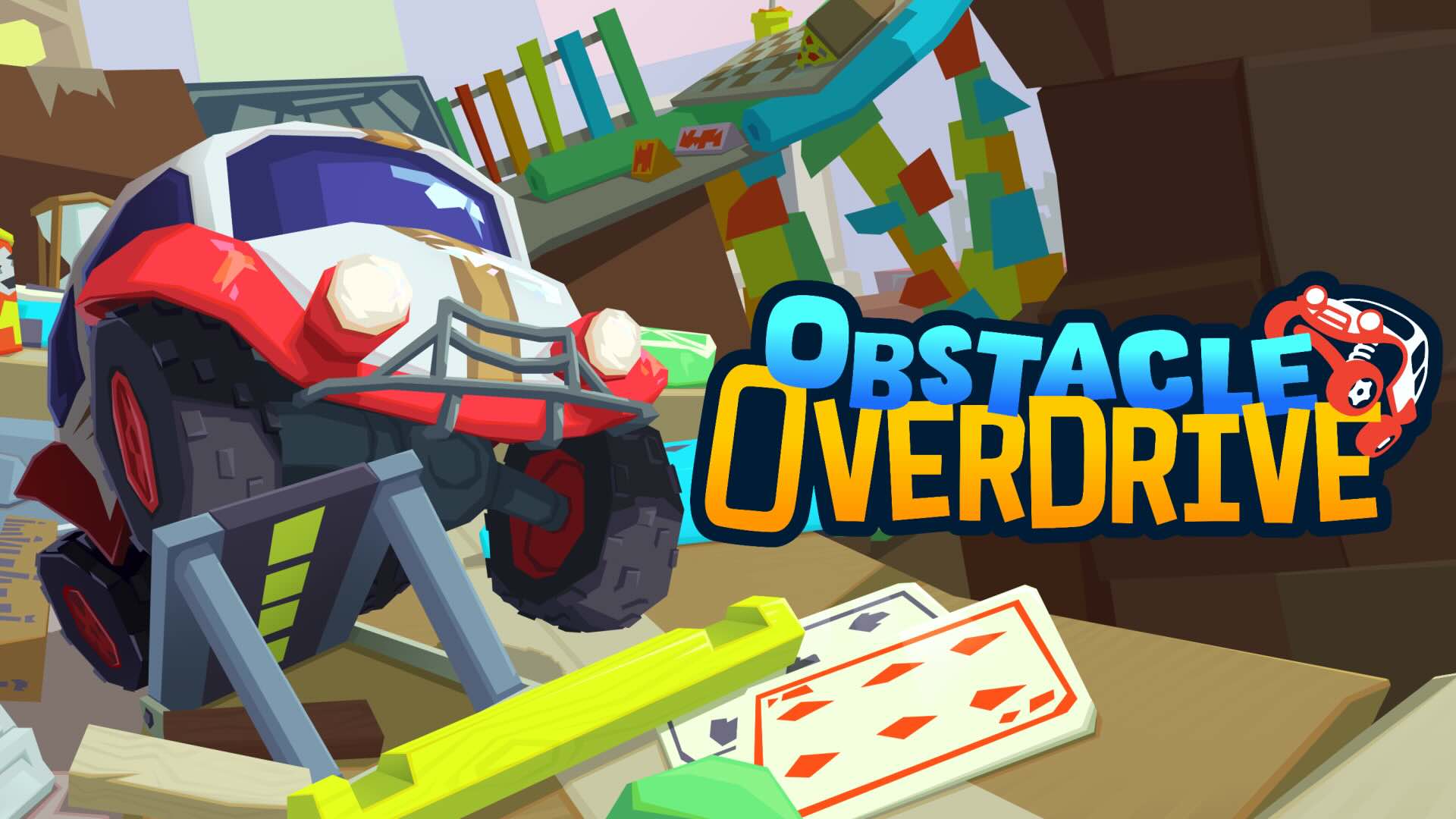 A small car races through a domestic environment. The Obstacle Overdrive logo is shown.