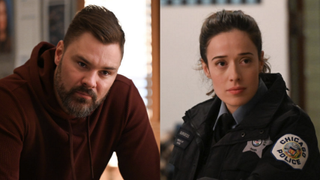 Patrick John Flueger as Adam Ruzek and Marina Squerciati as Kim Burgess cropped in Chicago P.D. Season 11