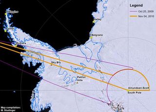 The flight paths from the 2009 and 2010 IceBridge missions over the South Pole.