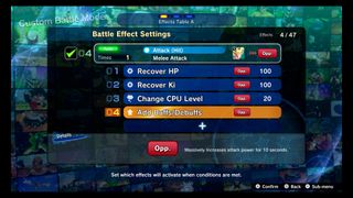 A screenshot of custom battle customisation options in Dragon Ball: Sparking Zero