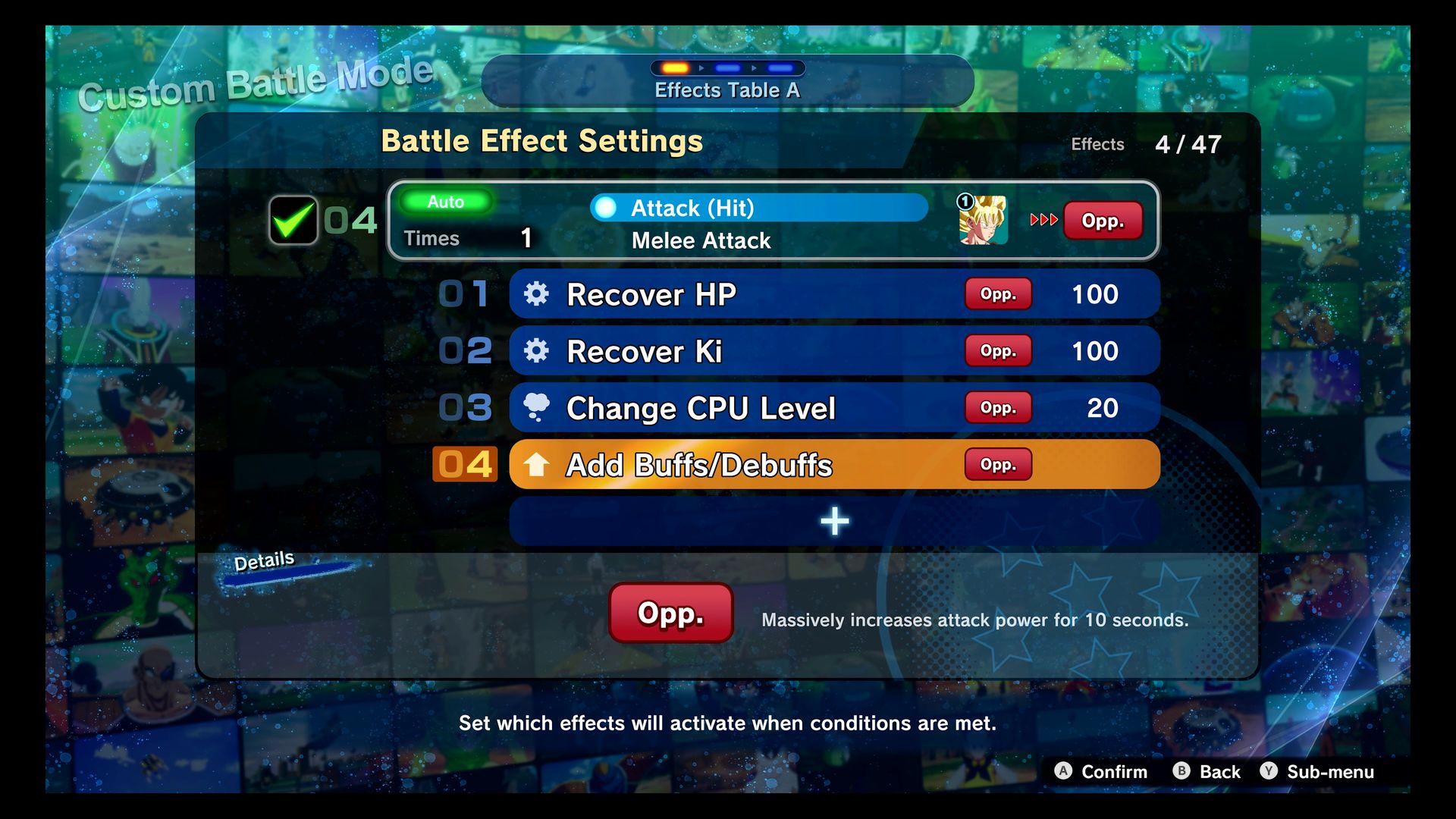 A screenshot of custom battle customisation options in Dragon Ball: Sparking Zero