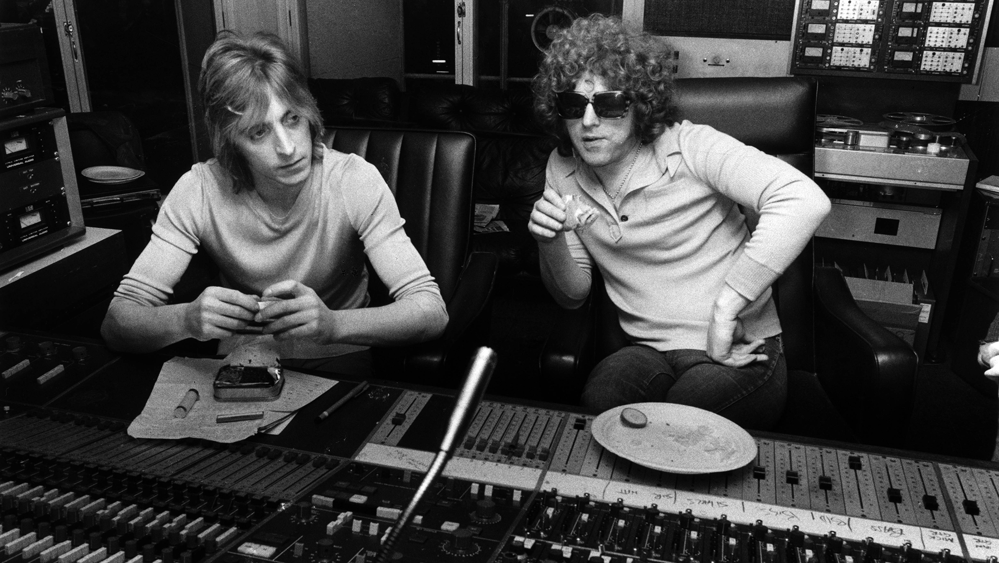Mick Ronson (1946-1993) and Ian Hunter (right) from The Hunter Ronson Band posed at Air Studios in Oxford Street, London in 1974.