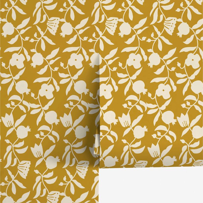 ochre and white floral wallpaper