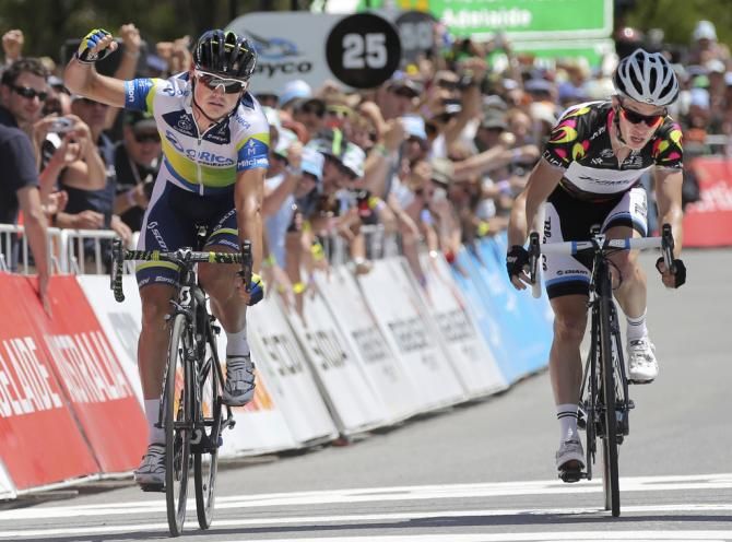Simon Gerrans gets the better of Tom-Jelte Slagter up Willunga Hill but concedes the overall win to the Dutchman