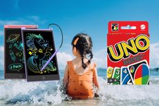 Girl sitting on beach, with Uno and doodle boards overlaid