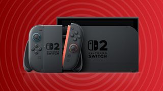 The Nintendo Switch 2 and a controller in front of a red background