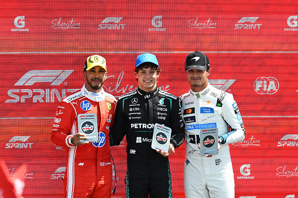 Sprint winner Andrea Kimi Antonelli of Mercedes AMG Petronas F1 Team, Second placed Lewis Hamilton of Scuderia Ferrari and Third placed Lando Norris of McLaren