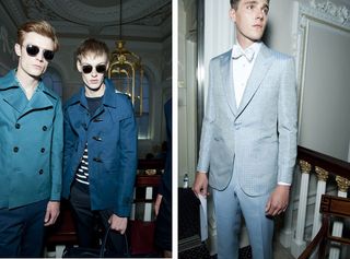 Guys wearing Gieves & Hawkes S/S 2015 collection. On the left the guy is wearing a blue-green jacket and matching shirt, navy pants and sunglasses. Next to him the guy is wearing a navy and white striped shirt, open blue jacket with navy pants and sunglasses and on the right the guy is wearing a chalky white jacket, white shirt with white bowtie and light blue pants