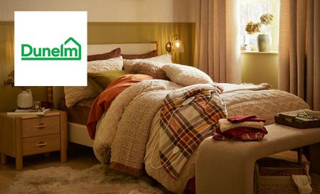 Dunelm logo top left with a picture of a cosy bed in orange hues