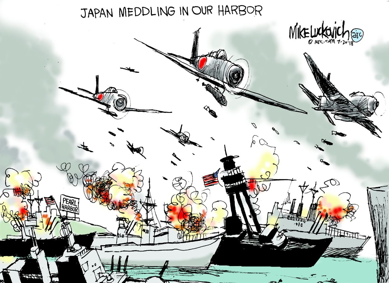 Political cartoon U.S. Japan Pearl Harbor Russia election meddling war