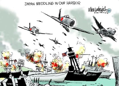 Political cartoon U.S. Japan Pearl Harbor Russia election meddling war