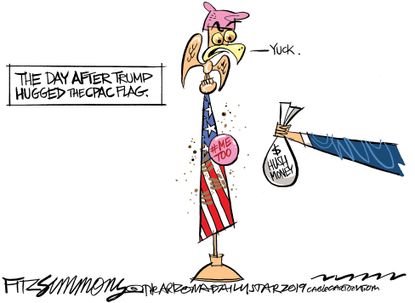 Political&nbsp;Cartoon&nbsp;U.S. Trump CPAC hugging flag hush money #Metoo